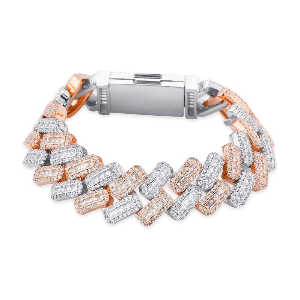 JINAO20MM 6 Times 14k Gold Plated Cuban Link Bracelet Iced Out Bling Round Carre Baguette Cut CZ with Prong Setting Simulated Diamond Bracelet Hip Hop Jewelry for Men