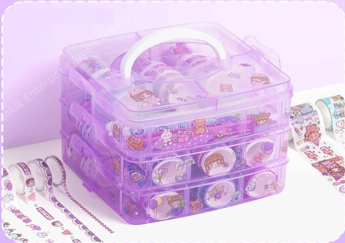 LAEMENOZ Washi Tape Set - 100 Pcs Designer Decorative Gift Packing Tape Masking Tapes with 20 Pcs Kawaii Stickers, Tweezer, Pen and Spatula in 3 Layer Box, Tapes for Art & Craft