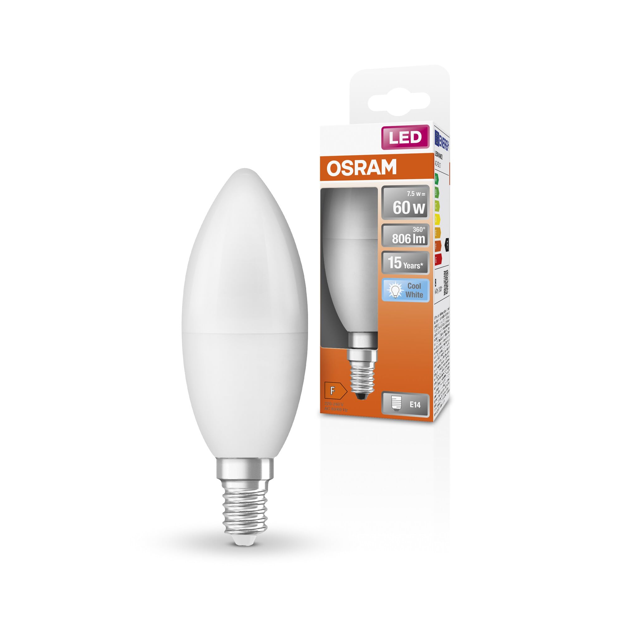 Osram LED Star Classic B60 LED lampe pour la base E14, forme de bougie, FR, 806 lumens, blanc froid (4000K), remplacement des ampoules 60W conventionnelles, non dimmables, 6 pack