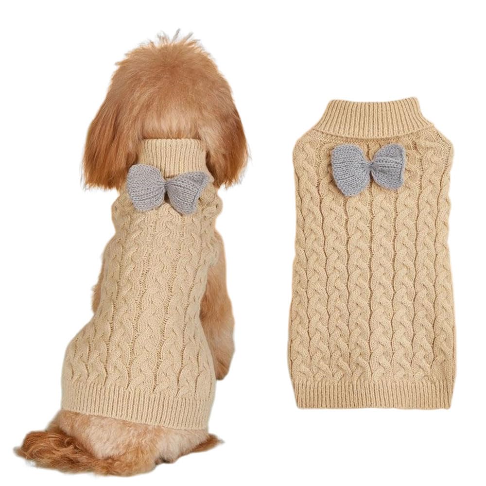 FANSU Small Dog Jumper, Solid Colours Soft Turtleneck Puppy Sweater with Bow Warm Winter Knit Dog Pullover Vest Coat for Small Medium Large Dogs and Cats (XL,Beige)