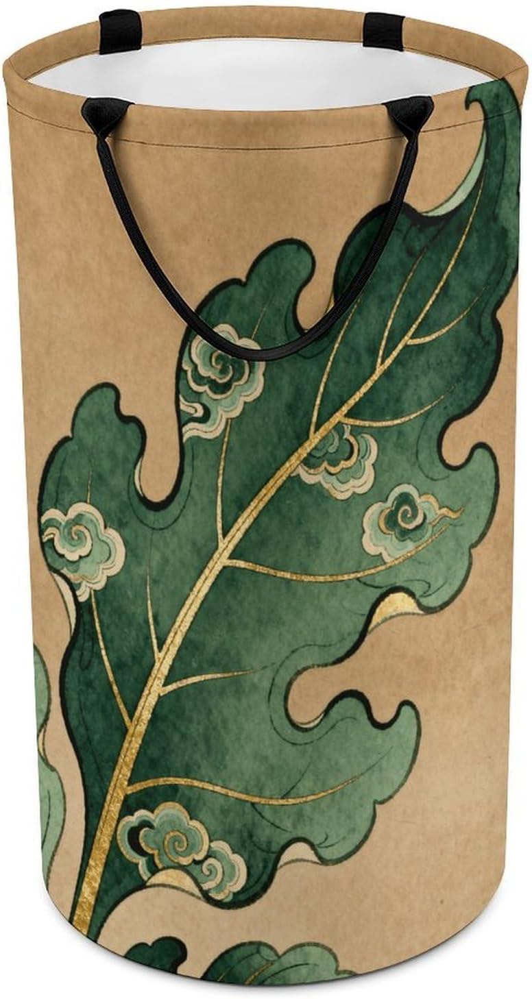 Floral Leaf Laundry Hamper with Handles Waterproof Collapsible Laundry Basket Large Lightweight Round Dirty Clothes Hamper for Home Dorm Bathroom Decor