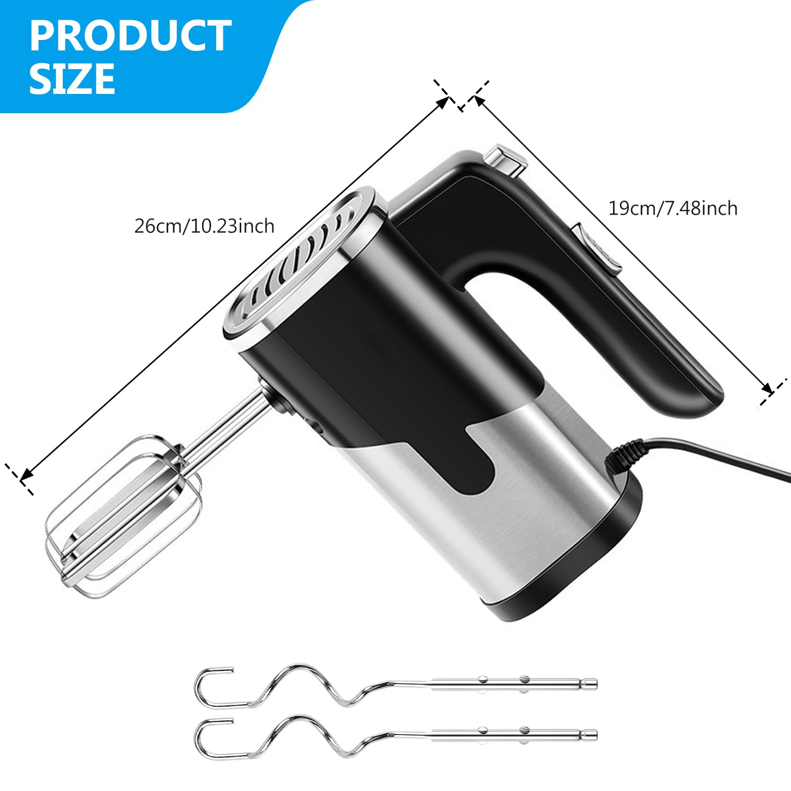 Vegena Sbattitore Elettrico 800W Frullatore A Mano, Frusta Elettrica Frullatore Manuale Elettrico, 5 Livelli Di Velocità, Dotato Di 2 Fruste, 2 Ganci Impastatori, Miscelatore Elettrico A Mano