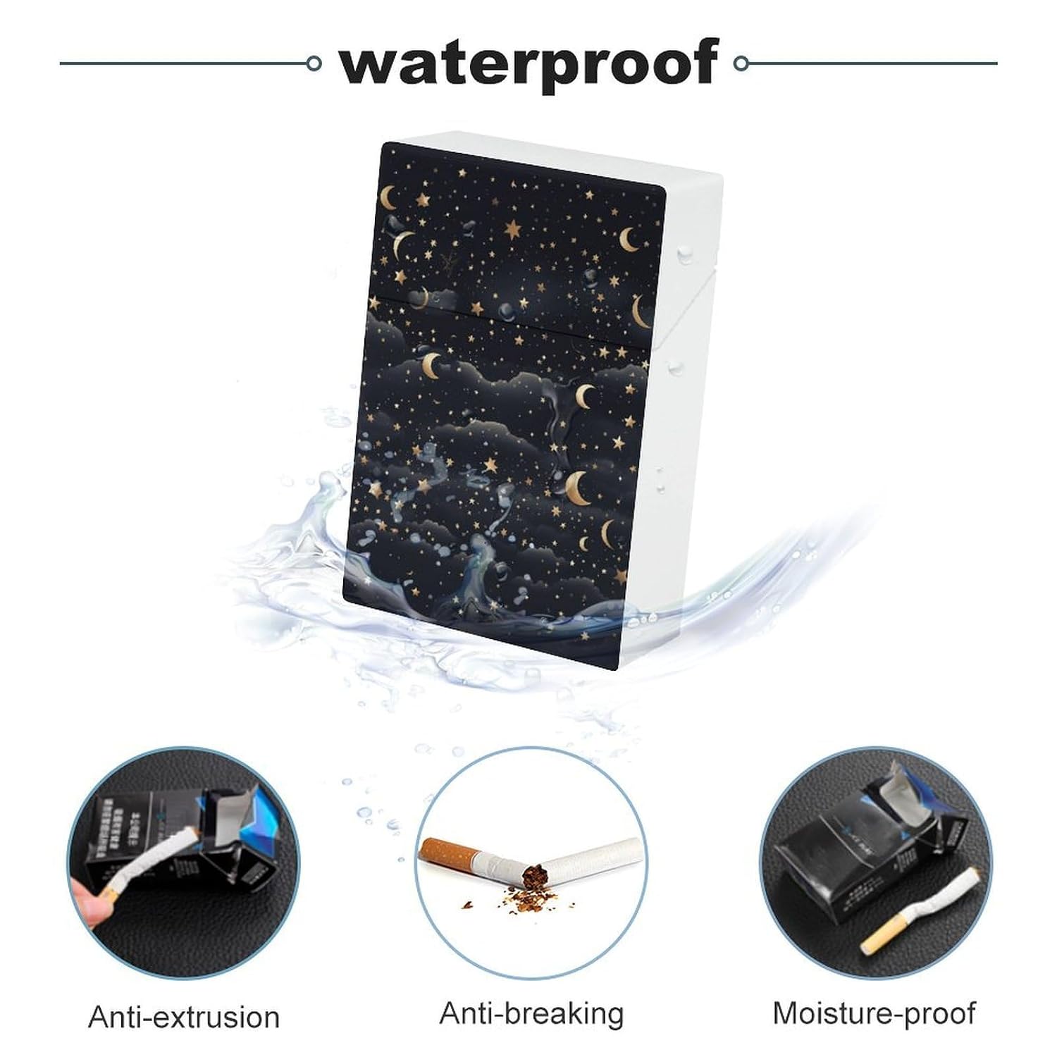 Stars and Moon on Dark Background Cigarette Case with Switch Flip Closure, Cigarette Holder Case for Men Women, Cigarettes Smoking Accessories, Plastic Box for Smoke, Cigarette Hard Box Holder