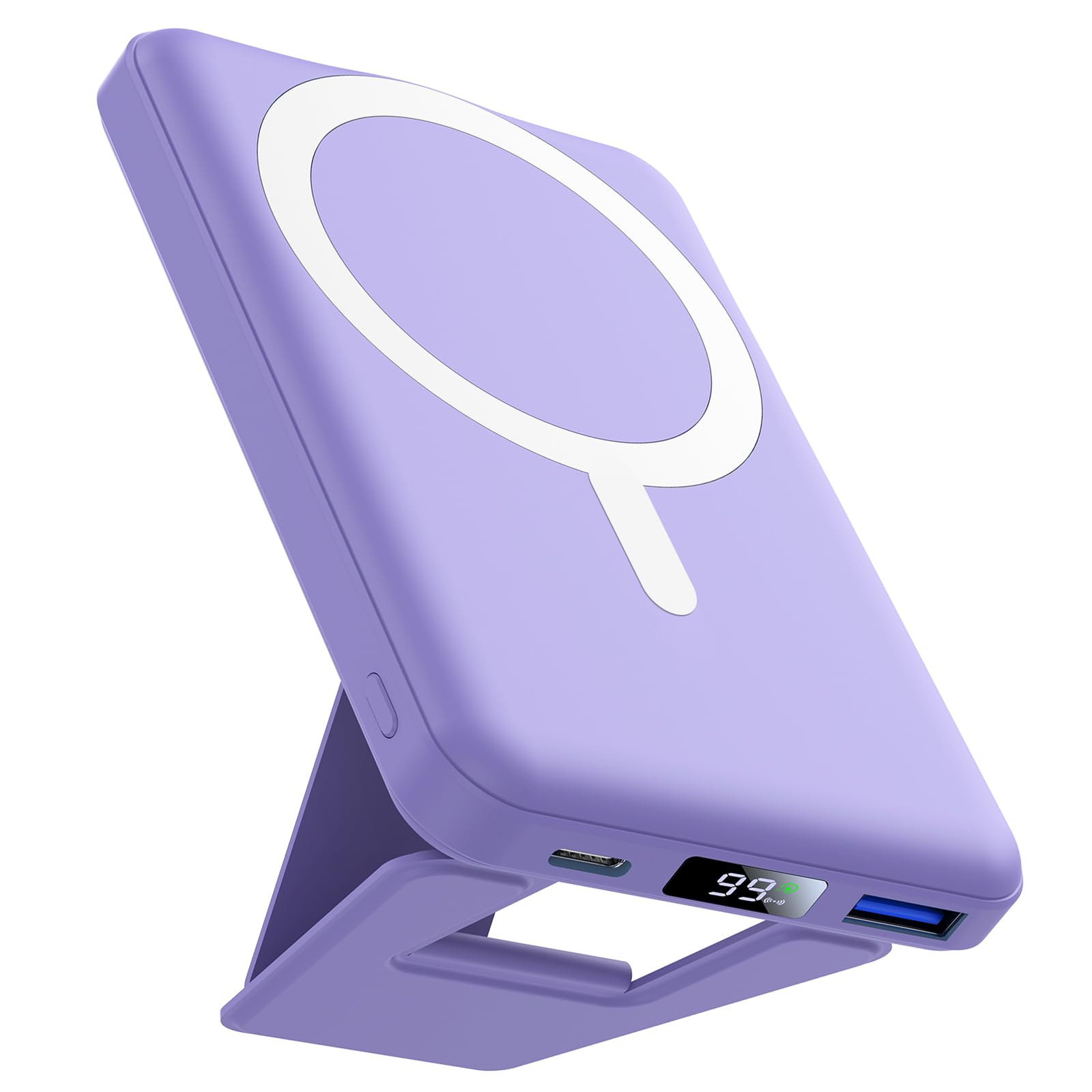 AOGUERBE Kabellose Powerbank, 10,000mAh Faltbarer Magnetische Power Bank PD 22,5W Schnellladen mit LED Display, Kompatibel mit MagSafe für iPhone 17/16/15/14/13/12/Pro/Pro Max Serie. (Lichtviolett)