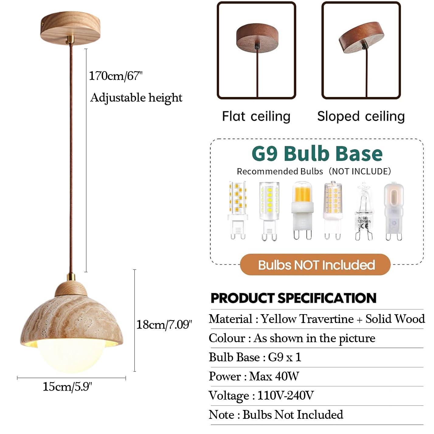 Generico Lampada A Sospensione A Cupola In Travertino Naturale, A Regolabile A Soffitto Per Cucina, Sala Da Pranzo