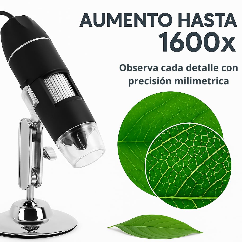 Microscopio Digital USB 1600x con Luz LED Ajustable – portátil - Compatible con Windows y Mac – endoscopio con Foto y Vídeo, para Estudiantes, Laboratorio, Electrónica, Botánica y Más