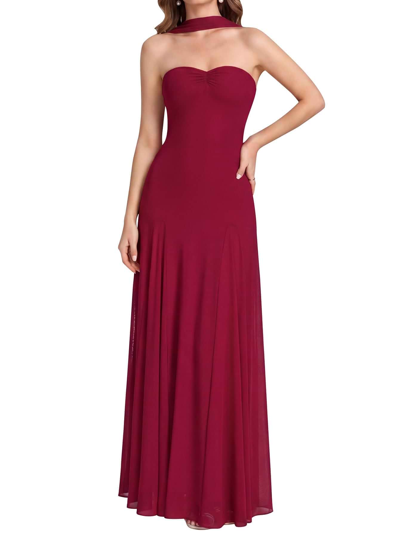 Auraxe Formal Halter Wedding Guest Dress Summer Long Prom Dresses for Women Elegant Semi-Formal Strapless Corset Mesh Pleated Long Bridesmaid Cocktail Gowns Party Dresses 2026