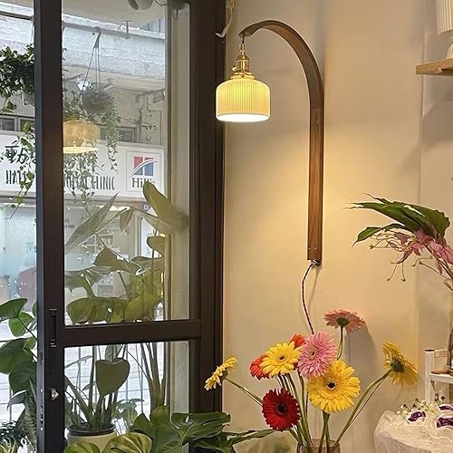 Miniatura 2 de Mid Century Modern Wall Sconce Vintage Amber Glass with White Ceramics Gooseneck Farmhouse Wood Hanging Light for Bedroom Living Room Hallway E26E27