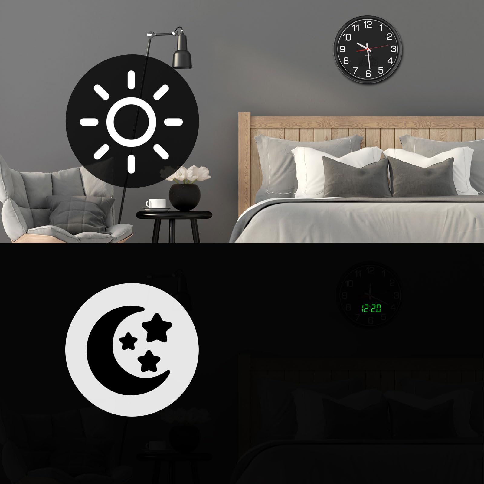 12 Inch Analog Wall Clock, Silent Non-Ticking Quartz Large Wall Clocks with Night LED Time Diplay,Battery Operated Decorative Wall Clock for Office, Kitchen, Living Room