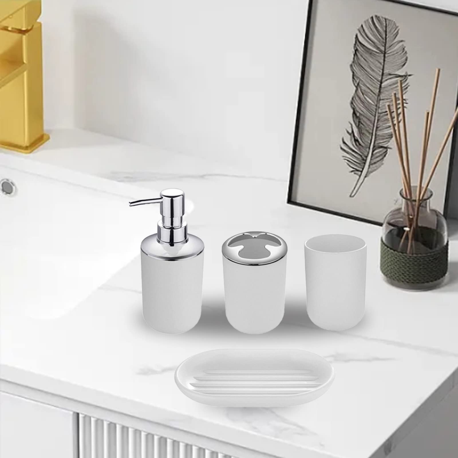 Hosoncovy 4 Pieces Bathroom Accessory Set including Soap Dispenser, Bathroom Cup, Soap Dish ,Toothbrush and Toothpaste Holder (White) - Image 4