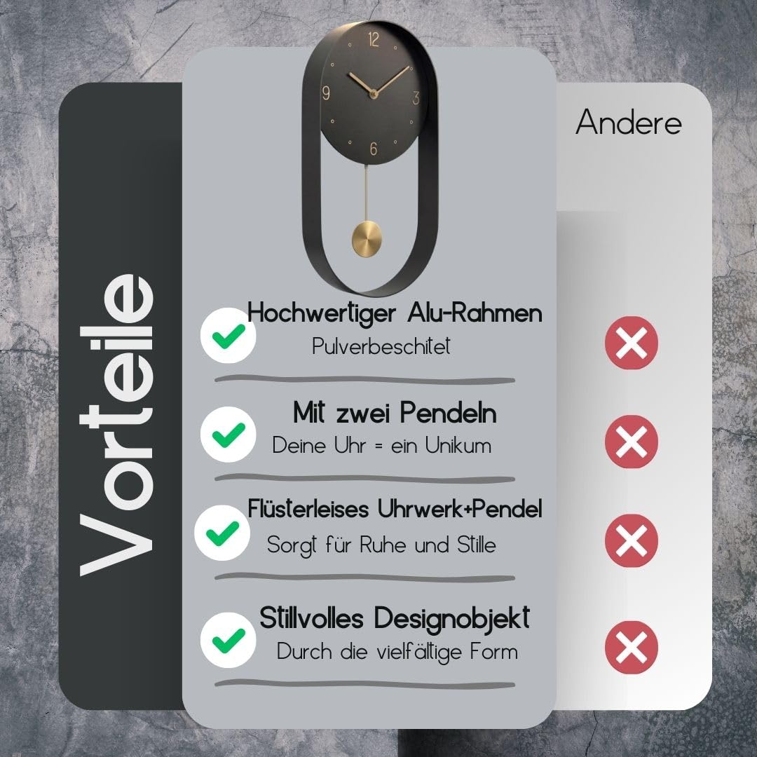 Moderne Wanduhr mit geräuschlosem Pendel - 2 Pendel inkl., Minimalistisches Design in Schwarz, geräuschloses Uhrwerk, Premiumverpackung - für Wohnzimmer, Küche, Büro