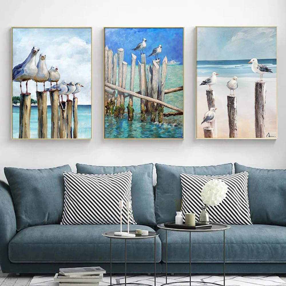 ZHUOYA Plaża mewa obraz na płótnie druk sztuka ścienna plakat ptak zwierzę przybrzeżna sceneria niebieski obraz do salonu wystrój domu (70 * 110 x 2 cm/bezramowy)