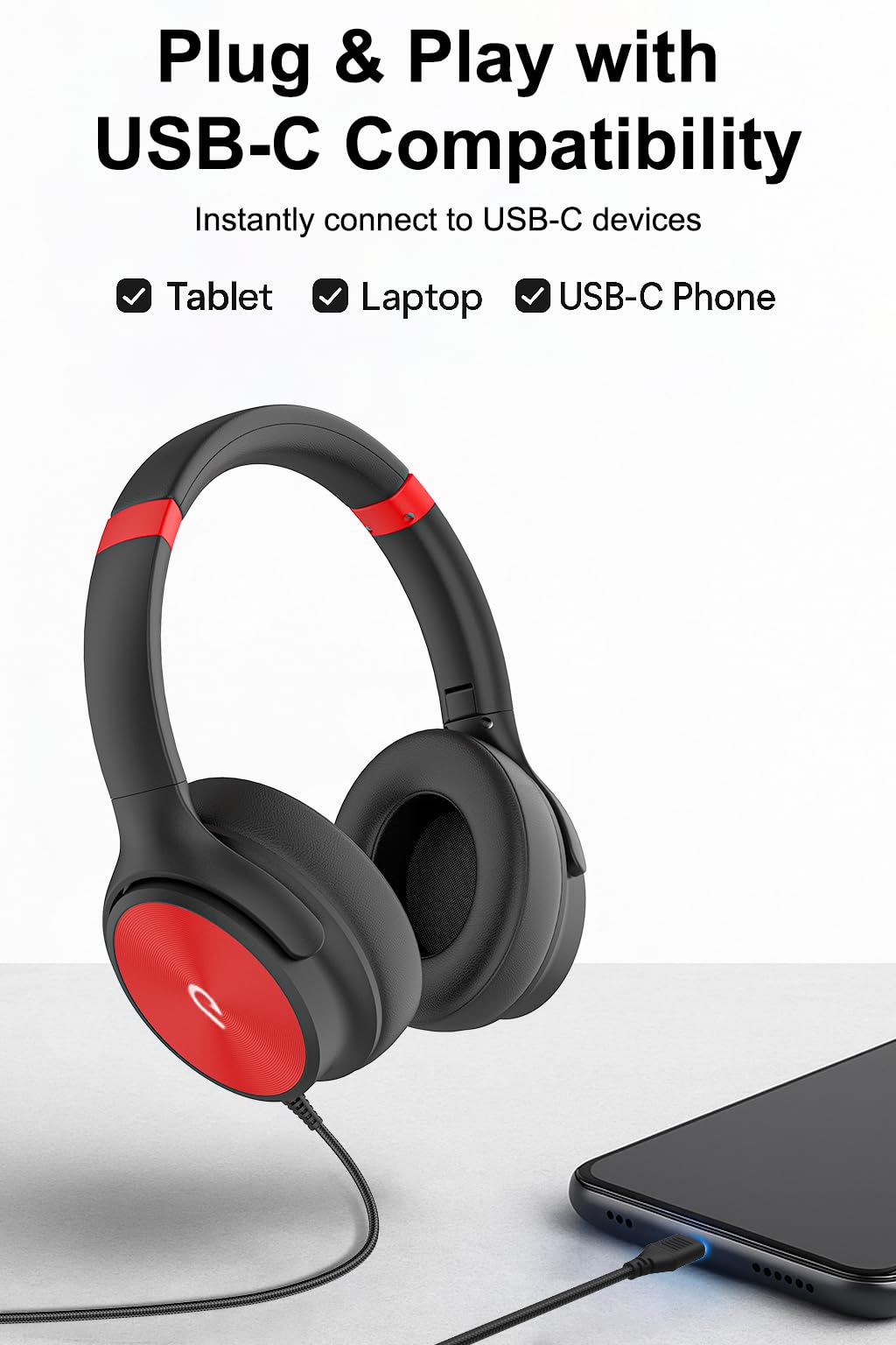 ADOOPE Przewodowe słuchawki nauszne USB C z mikrofonem, dźwięk stereo Hi-Fi, izolujące hałas, wygodne dopasowanie do iPhone 15/16, Samsung Galaxy S24/S23, telefony i tablety typu C (czarno-czerwone)