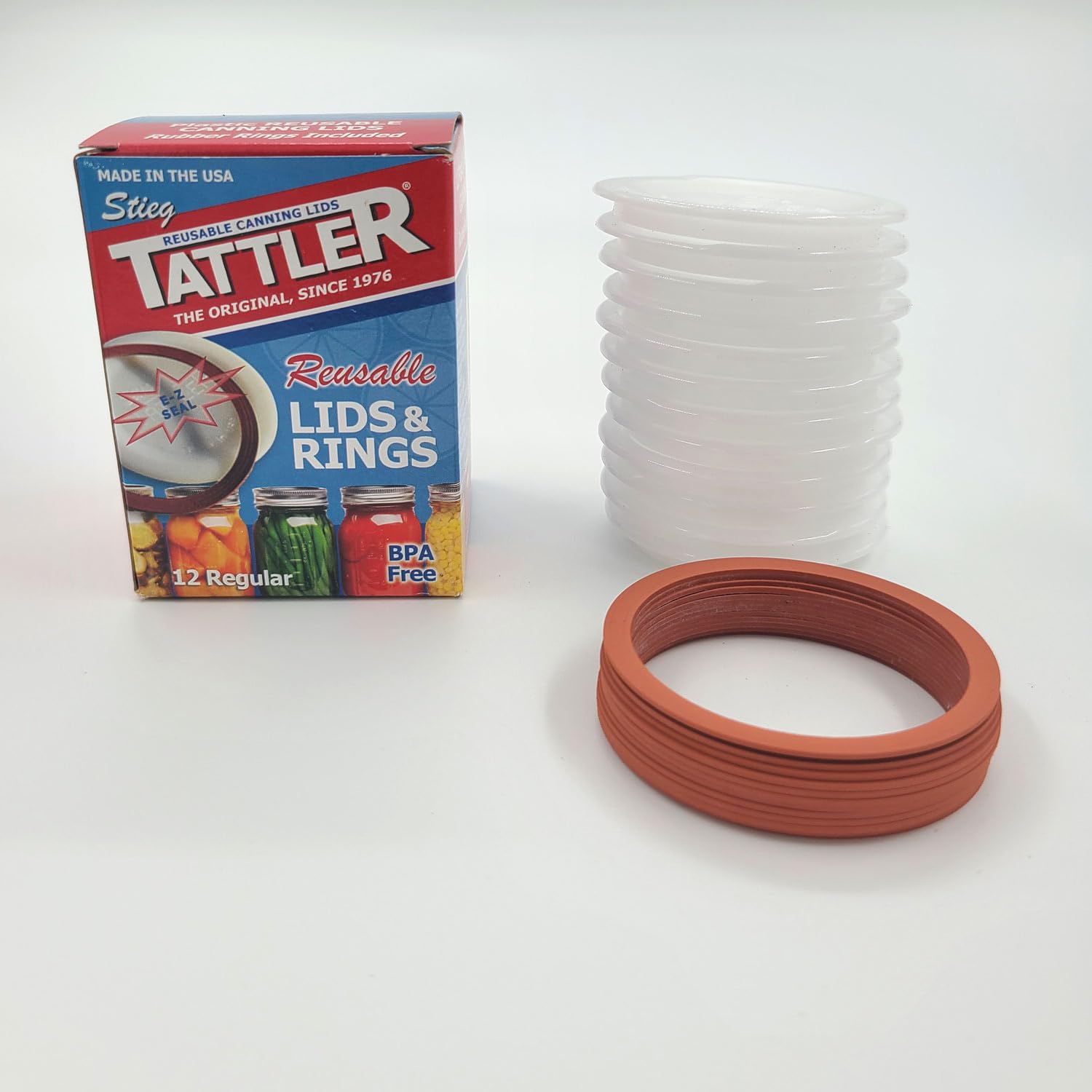 Reusable Canning Lids Bundle Includes 12 Regular Mouth Tattler Lids and Rings and 12 Dissolvable Sunivale Jar Labels For Use With Hot Water Bath, Vacuum Sealer and Pressure Canning Methods Made in USA