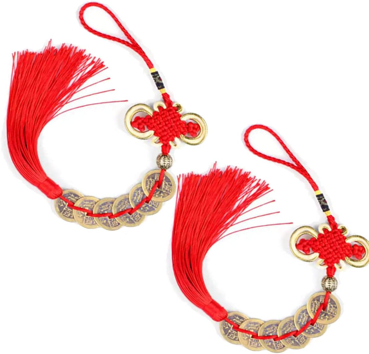 Chinese Fortune Coins，Pack of 2 Chinese 6 Coins Emperor Feng Shui Money Coins Lucky with Red Enless Knot Decoration for Wealth and Success Chinese New Year