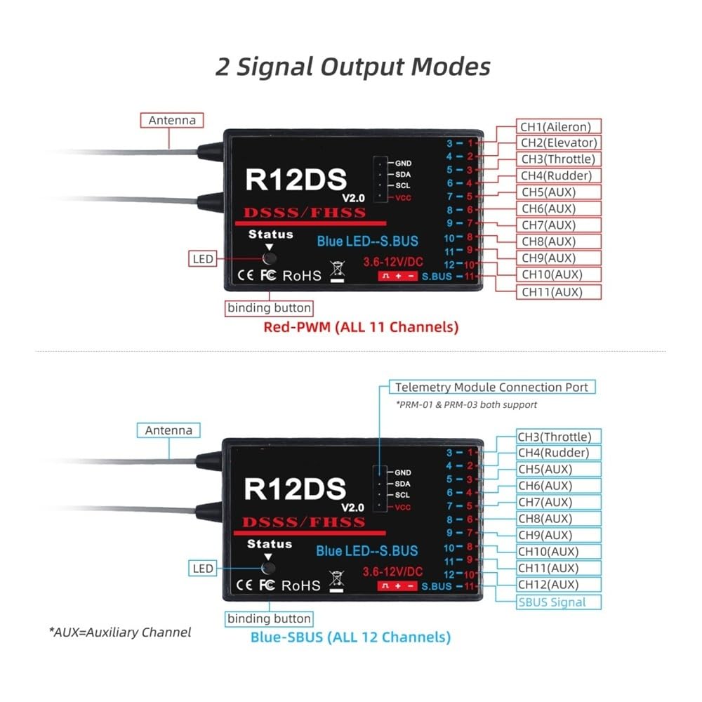 Ricevitore RC a 12 canali R12DS da 2,4 Supporto SBUS PWM DSSS e FHSS adatto for AT9 AT9S Pro AT10 AT10II FPV Drone