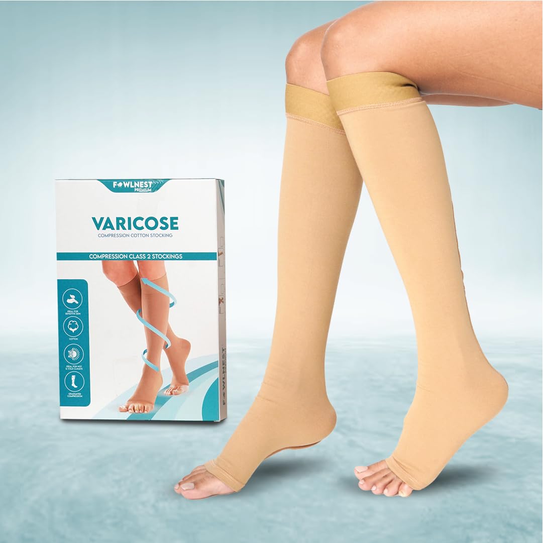Cotton DVT Stockings – Class 2 Medical Compression Stockings for Varicose Veins & Leg Swelling – Unisex Knee-Length Compression Socks for Men & Women – 23-32 mmHg – Medium