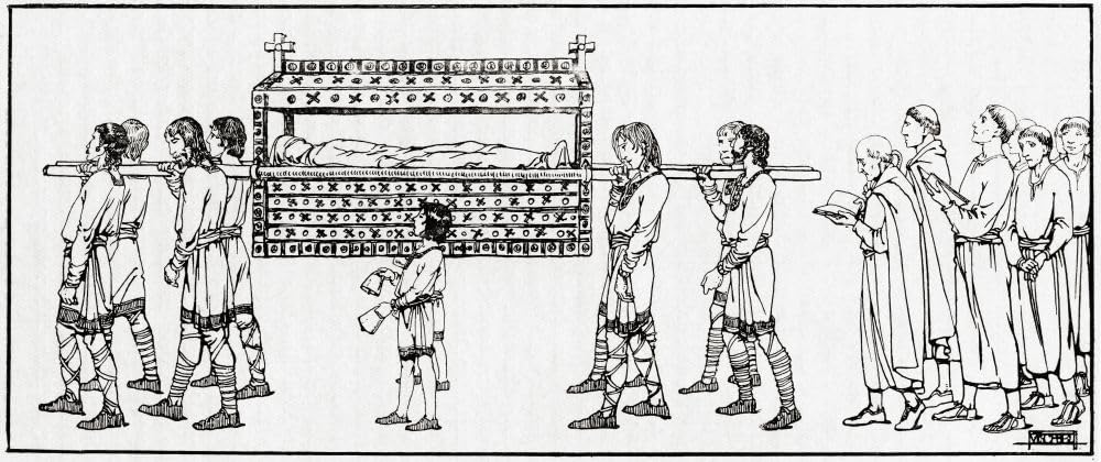 Procesja pogrzebowa Edwarda Wyznawcy z gobelinu Bayeux. Edward Wyznawca c. 1003/1005 - 1066. Anglosaski król Anglii. Z Everday Life w anglosaskich czasach wikingów i Norman Times opublikowany 1926