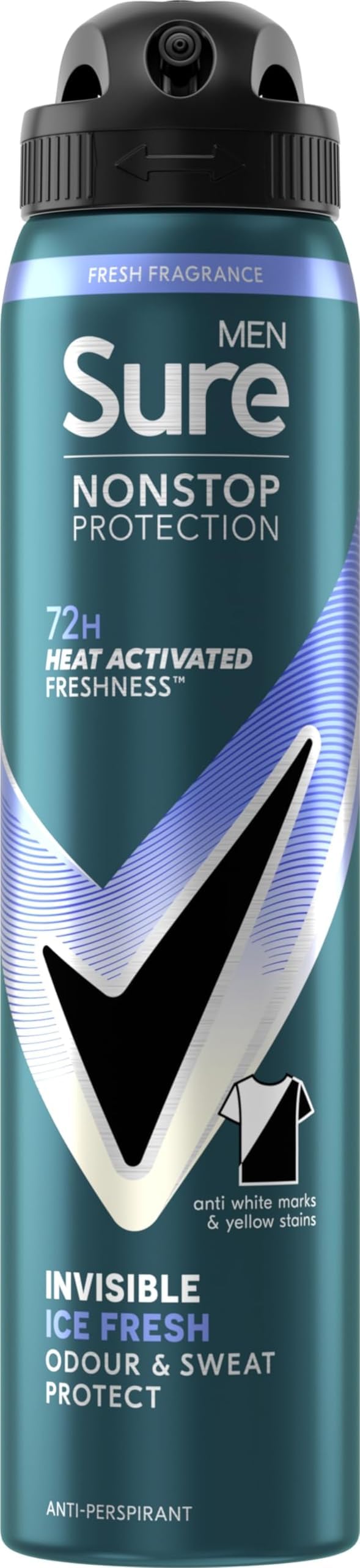 Sure Men Nonstop Protection Invisible Ice Fresh Deodorant Body Spray Antiperspirant with body heat activated technology for 72 hour odour and sweat protection 250 ml