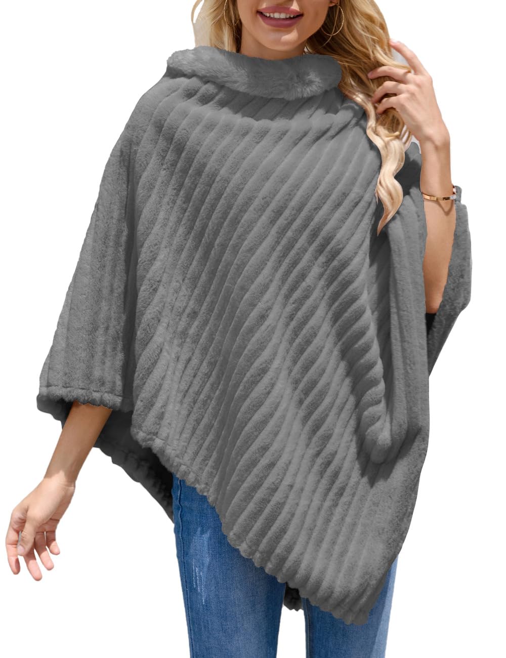 Ferand Women's Cozy Striped Faux Fur Poncho Sweater Soft Fuzzy Shawl for Winter