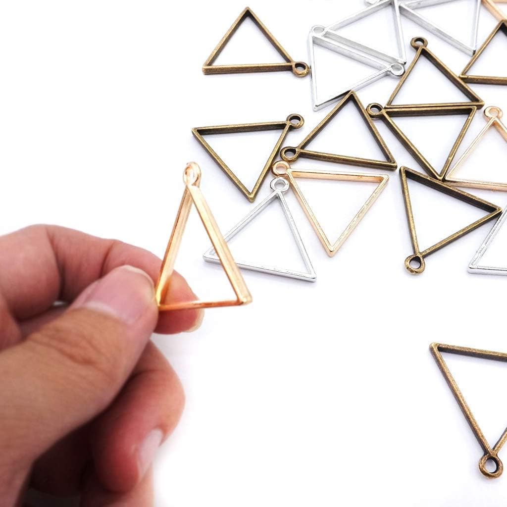 DonLeeving Luckycivia 30 PACK Triangle Framework Open Back Bezel, Zinc Alloy Open Back Bezel Pendant Blanks, Alloy Accessories for Jewelry Making,29mmx29mm(Bronze & Silver & Rose Gold).