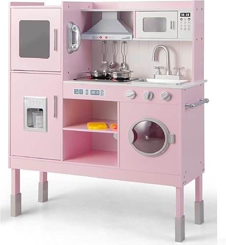 INFANS Juego de cocina para niños, juego de cocina de madera con luz y sonido realistas, estufa, fregadero, microondas, armario de almacenamiento,