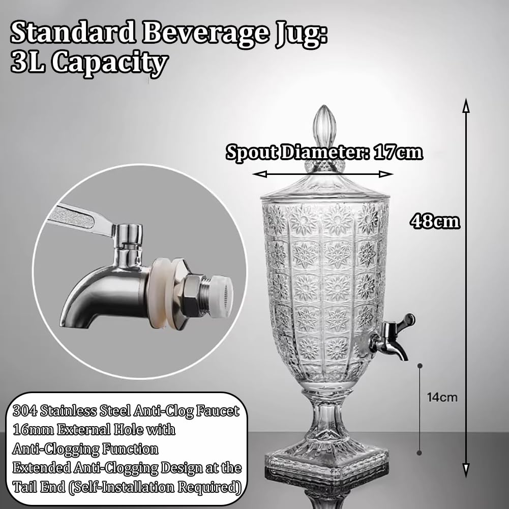 Spremiagrumi retrò Trasparente in Cristallo, Dispenser per Bevande in Vetro da 2/3/5 Litri, con Rubinetto in Acciaio Inox, Ideale per Feste, con Supporto,3l b