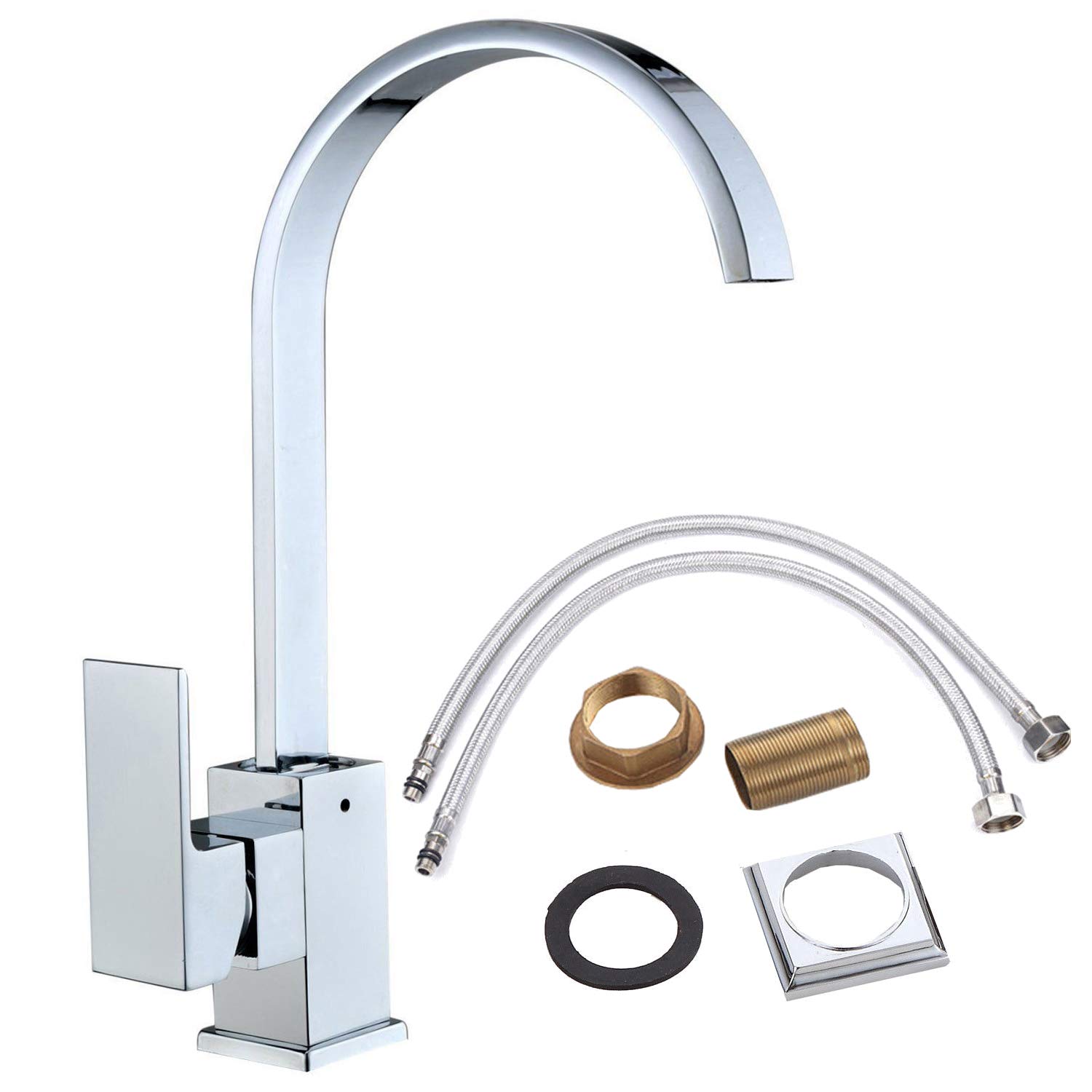 Kitchen Sink Mixer Tap with Square Handle Swan Neck Tap Single Lever Swivel Spout Chrome Brass Square Body Waterfall Flat Spout Modern Swivel Monobloc Taps with Hoses and Fittings 8 Years Warranty