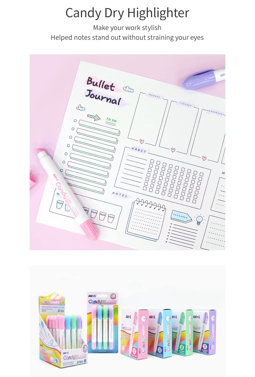 Motex Amos Twistable Dry Highlighter - Pastel/Candy Colours Set of 4 Pieces - Made in Korea 4