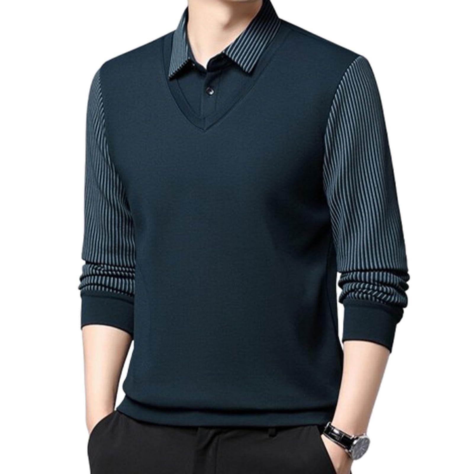 XVFCH Men's Lapel Faux Two-Piece Warm Top,Fake Two Piece Sweater Lapel Casual Men's Top,Striped Long Sleeve Polo Shirts