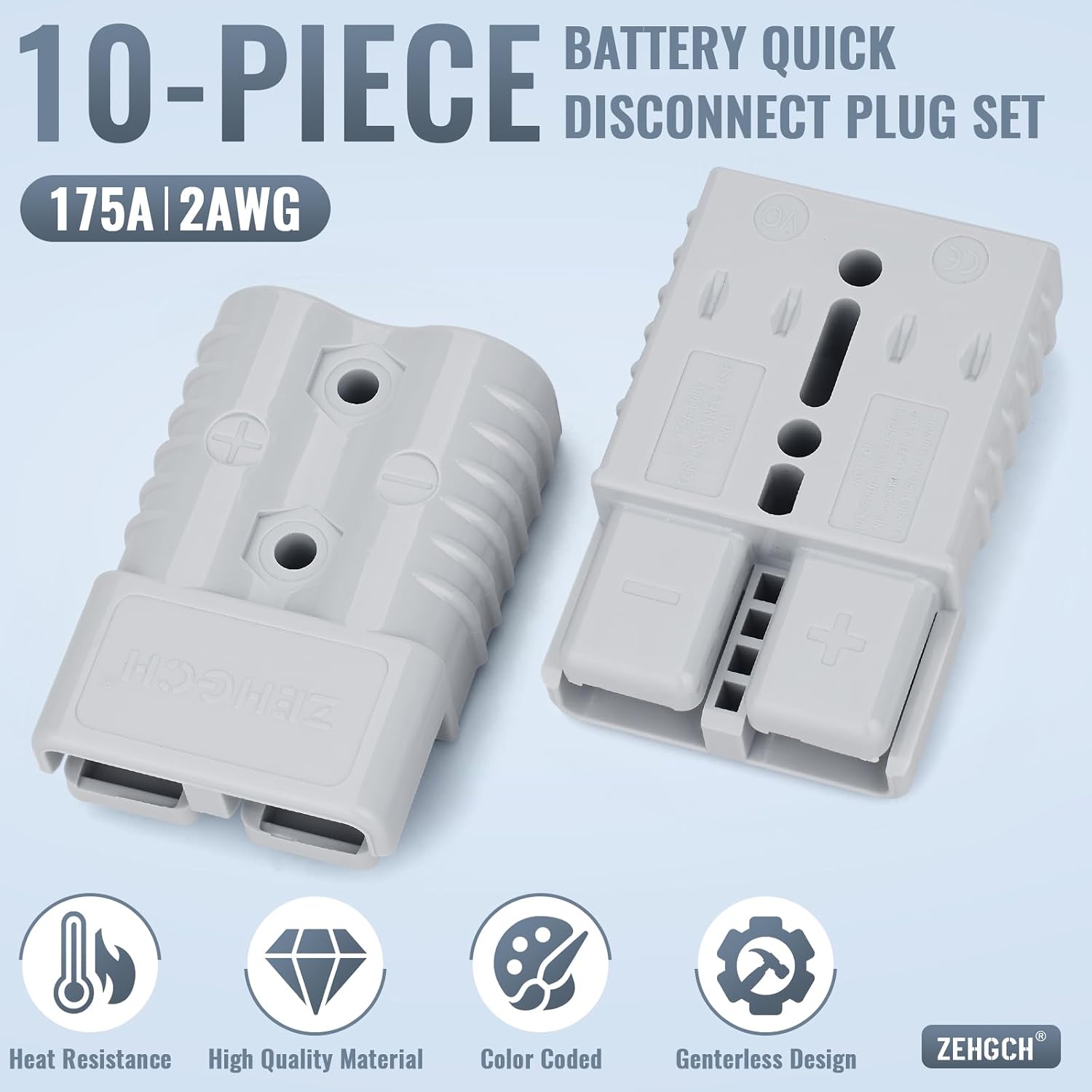 Battery Connector, 175Amp 600V Quick Connect Wire Connector Plug Kit for 2-4 Gauge Cables, Battery Quick Disconnect Set for Forklift Motor Winch Trailer Traction System(2AWG 10PCS Gray)