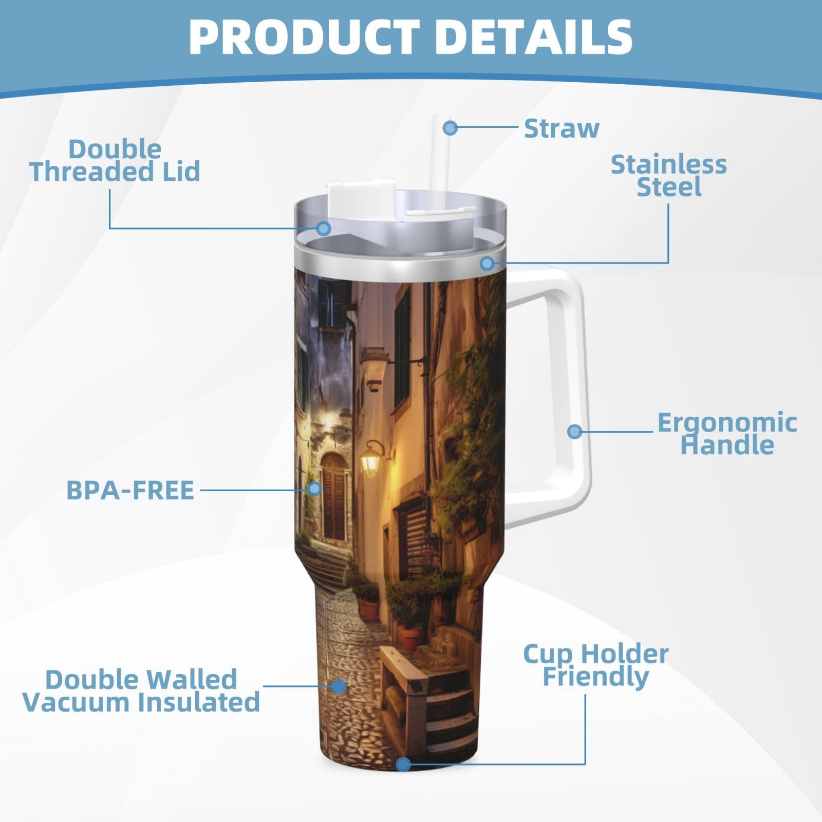 Italian Old Street Ice Bully Wasserflasche aus Edelstahl, doppelwandig, isoliert, mit Griff und Strohhalm-Deckel, 1,2 l
