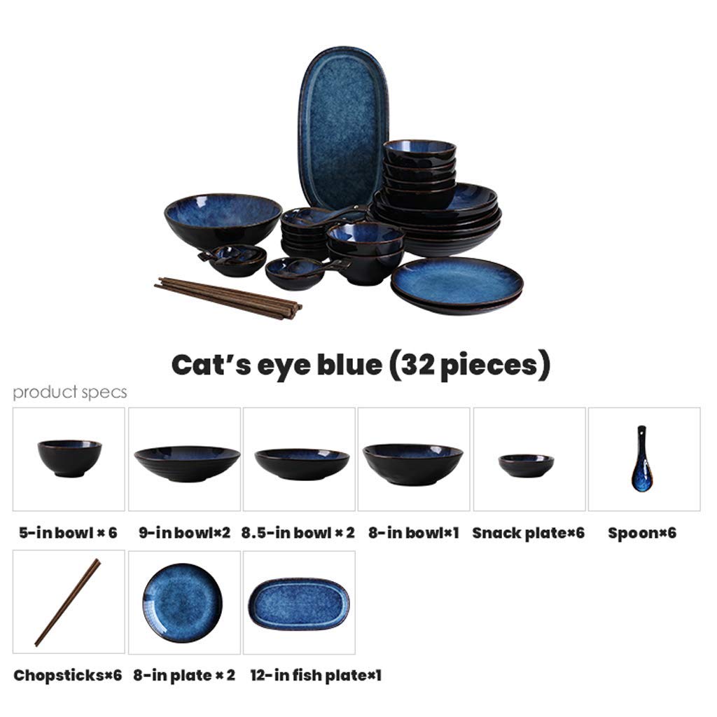 Tafelservice, Keramik-Geschirrset, Katzenaugenblau, 32-teilig, Porzellan-Tafelservice/Vintage-Relief-Teller- und Schüssel-Sets für Restaurants und mikrowellengeeignet