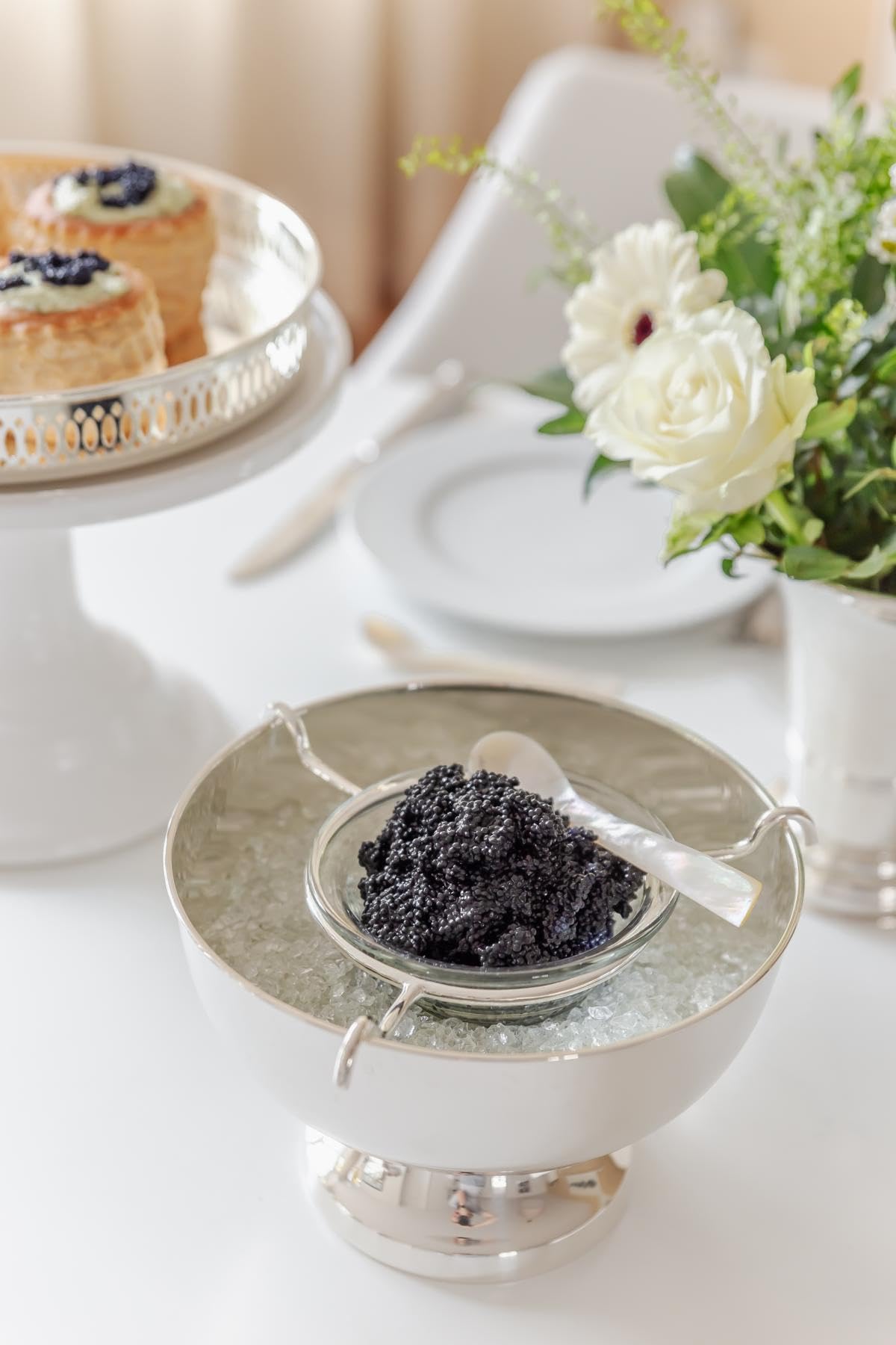 EDZARD Caviarera con inserto de cristal Palma, Bol para caviar plateado con peso, diámetro 19 cm
