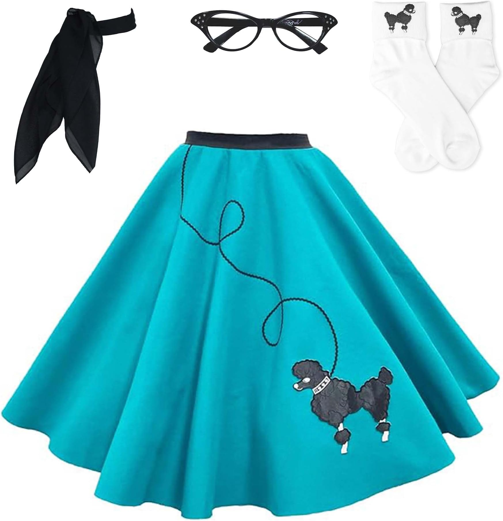 Hip Hop 50's Shop1950s Adult 4 Piece Poodle Skirt Costume Outfit for Women with Accessories (glasses, socks, scarf)
