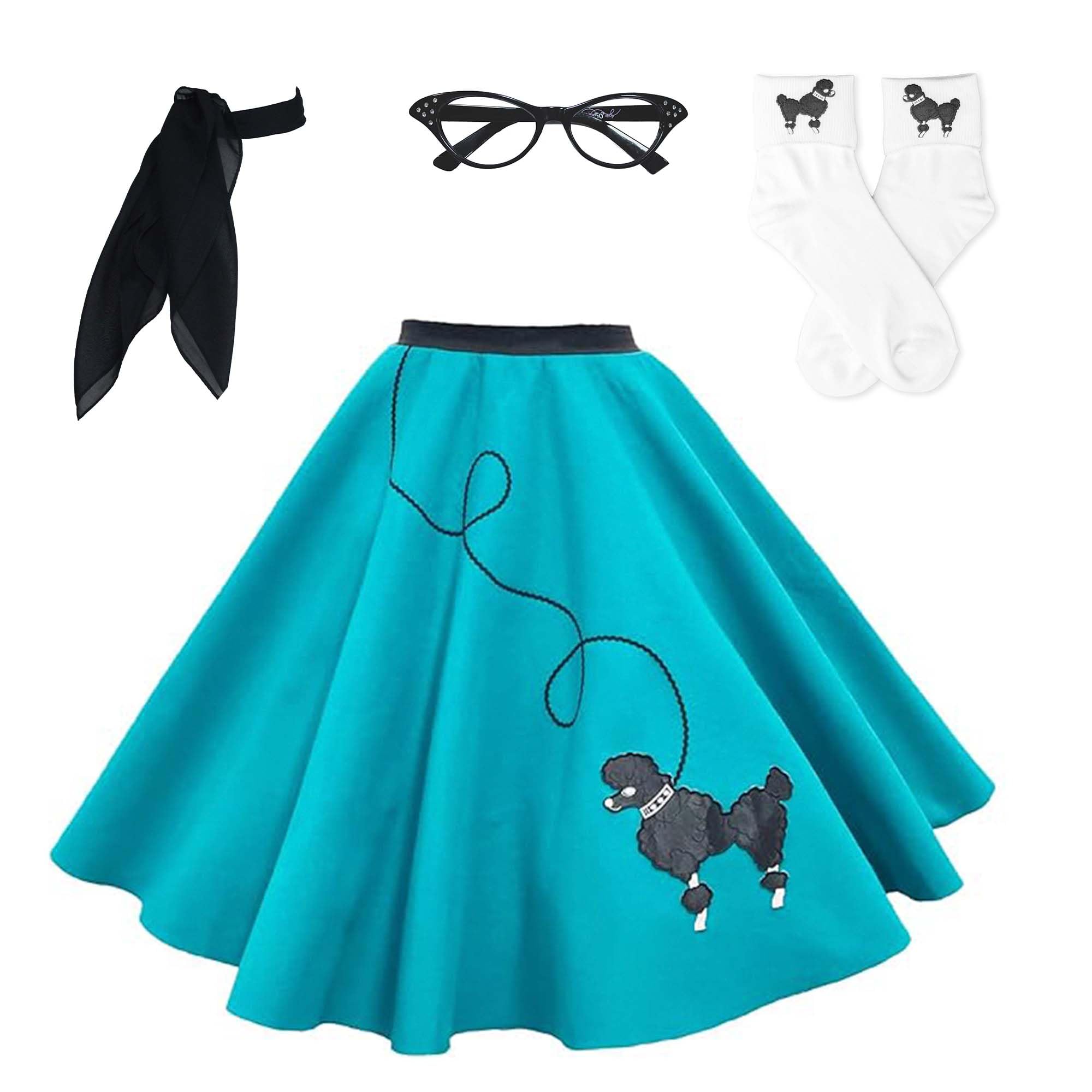 Hip Hop 50's Shop1950s Adult 4 Piece Poodle Skirt Costume Outfit for Women with Accessories (glasses, socks, scarf)