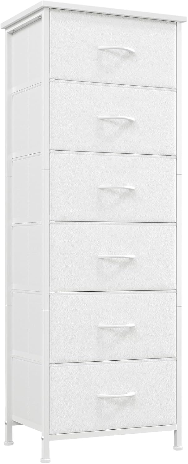 Somdot Tall Dresser for Bedroom with 6 Drawers, Storage Organizer Chest of Drawers with Removable Fabric Bins for Closet Bedside Living Room Laundry Entryway Hallway, White Leather White Leather 11.8"D x 16.5"W x 45.3"H (6 Drawers)