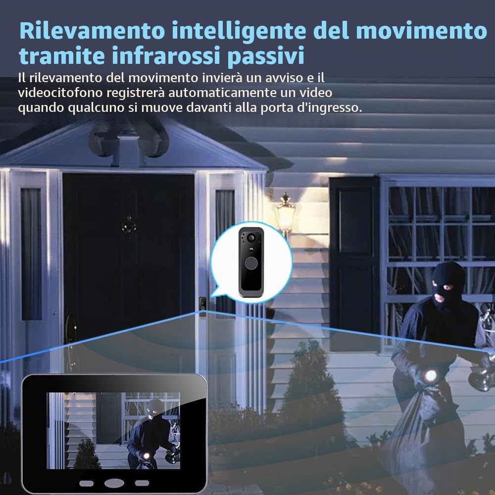 300VK Senza Fili del Citofono Video del Campanello con Schermo a 4.3 Pollici, Spioncino1080P con Scheda di Memoria 32GB, Rilevamento del Movimento, Audio Bidirezionale, Impermeabile