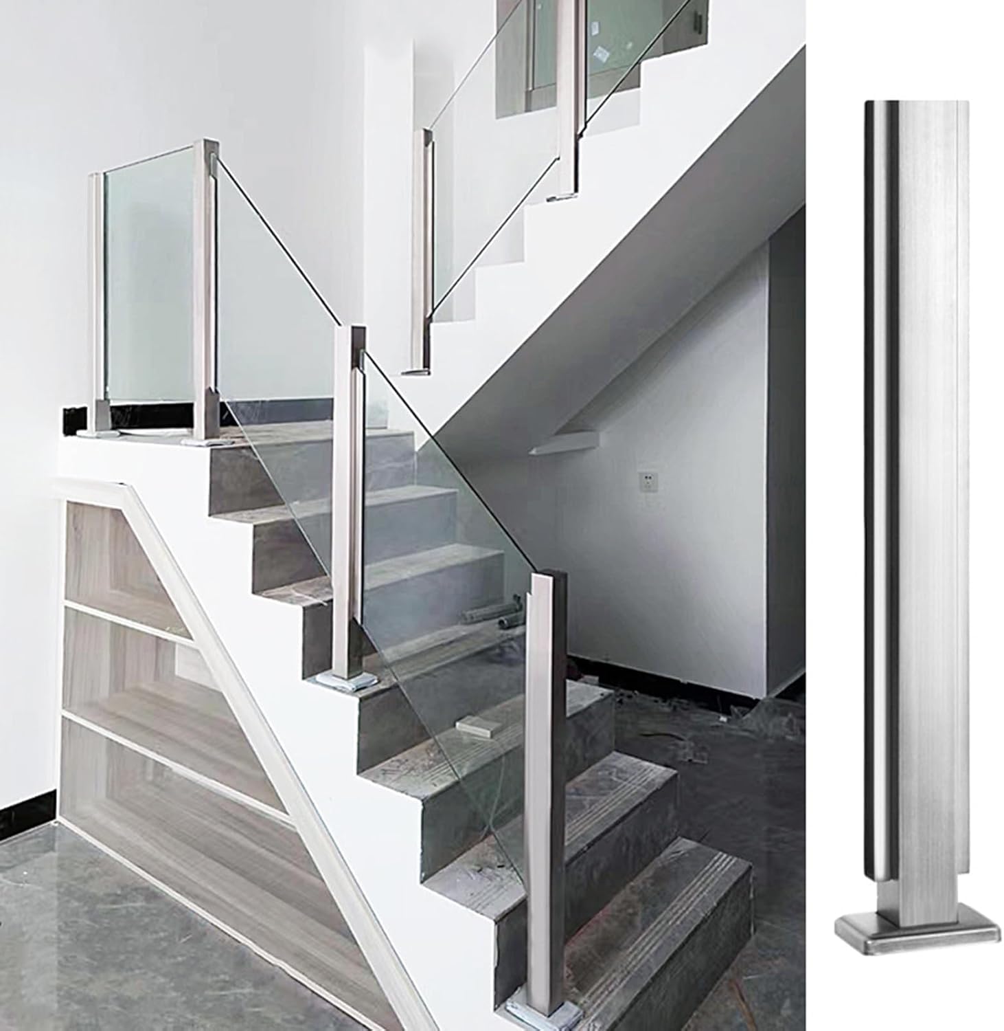 Garde-corps en verre poteau inox 115cm escalier intérieur et balustrade