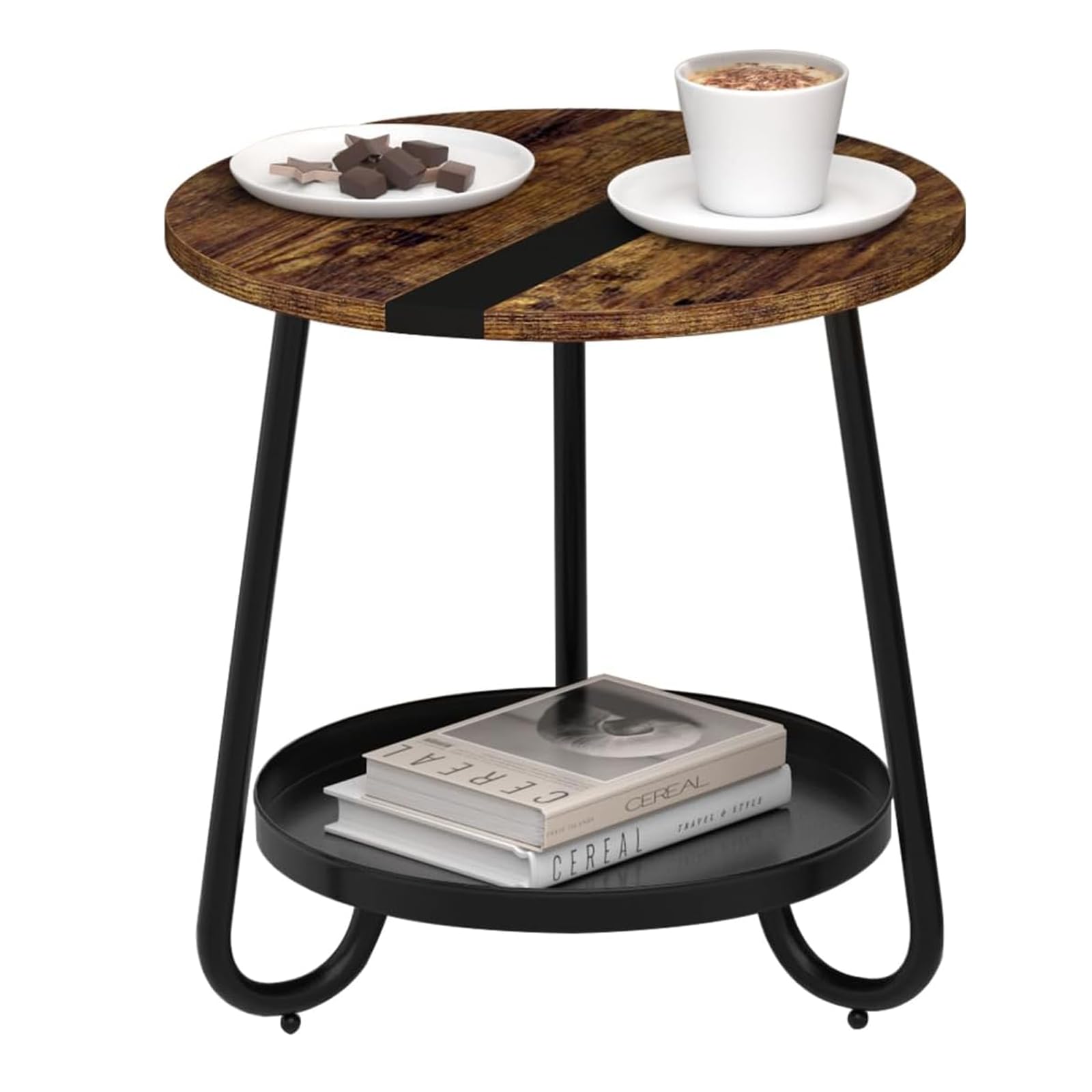 MOFAIN small round table with wood top and metal tray shelf below