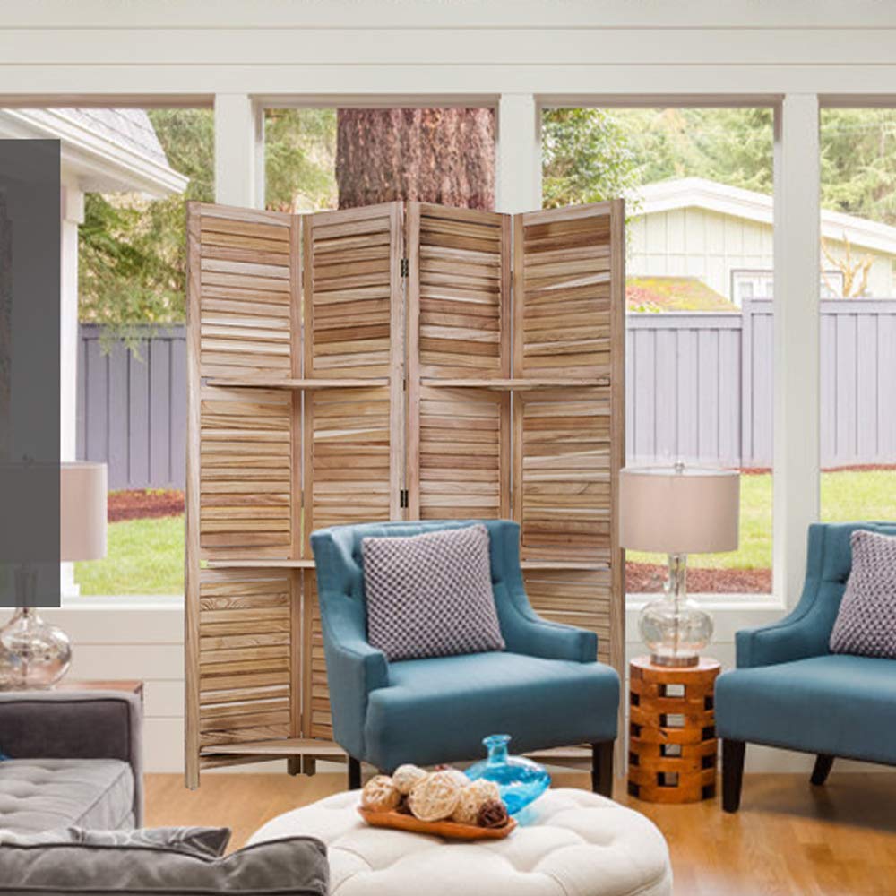 Room Divider and Folding Privacy Screens with 3 Shelves,4 Panel Folding