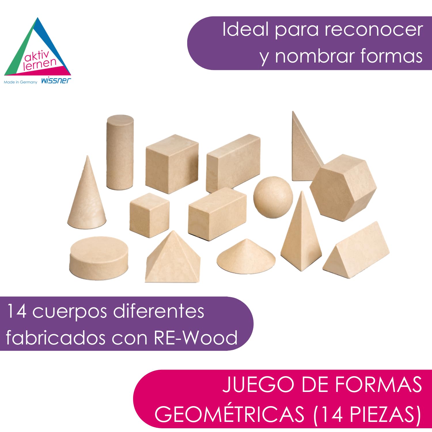 WISSNER® Aktiv lernen - 14 Figuras geométricas/Conjunto de cuerpos geométricos - de Primera a cuarta CLAS - RE-Wood®
