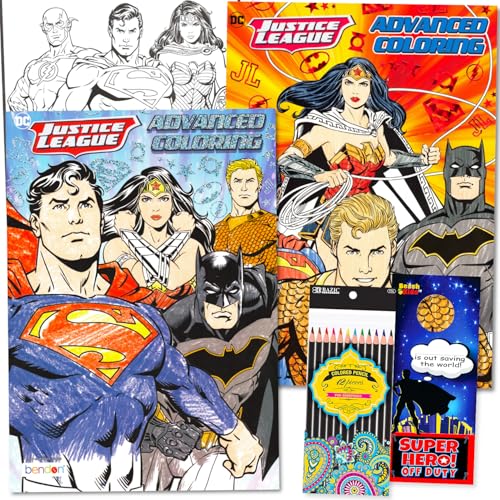 Justice League - Set di libri da colorare con 2 libri di attività DC Comics con Superman, Batman, More Plus, matite colorate Justice League, per bambini, adolescenti e adulti