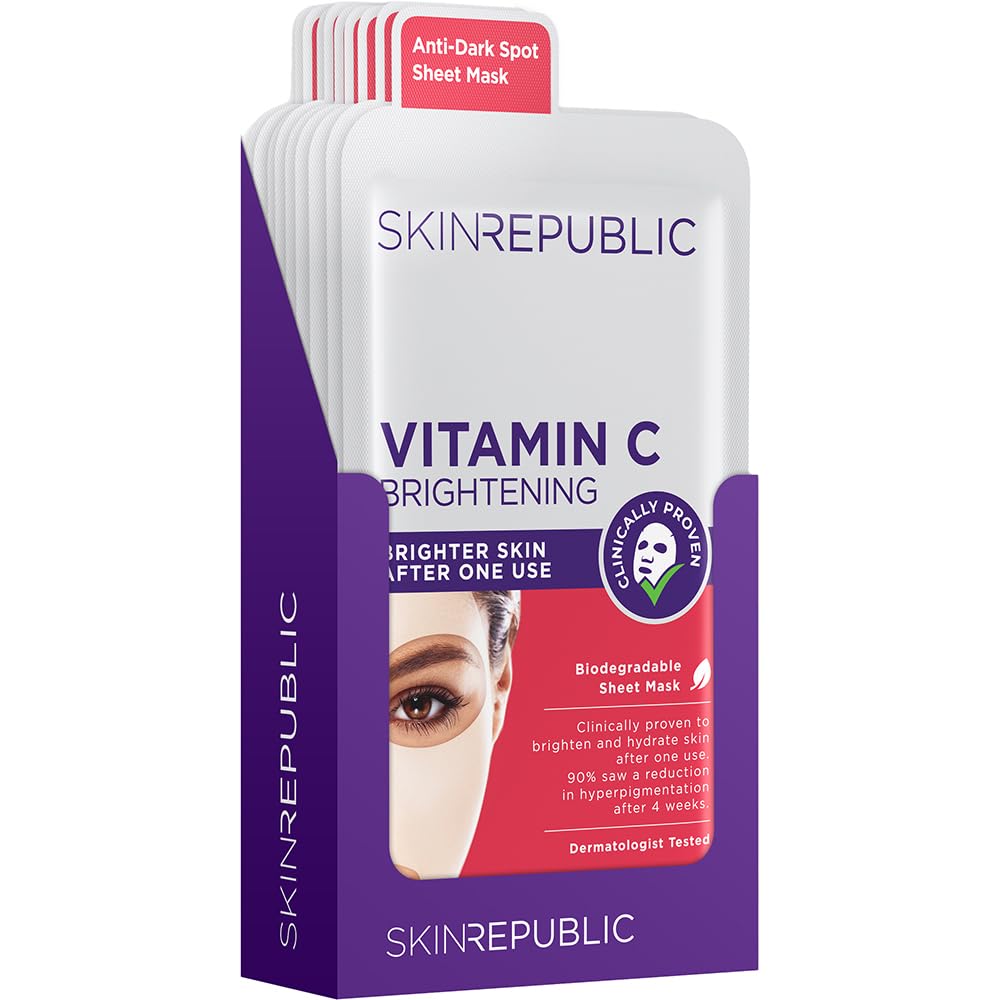 Skin Republic Vitamin C Tuchmaske – aufhellende Gesichtsmaske mit Vitamin C für strahlende, ebenmäßige Haut, gegen dunkle Flecken & Pigmentflecken, biologisch abbaubar, 10er Pack (10 Stück)