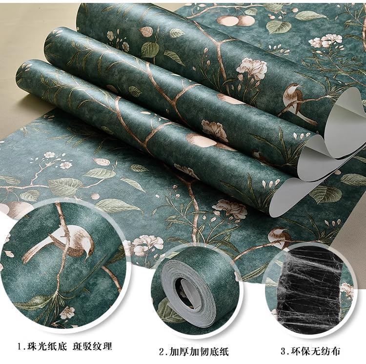 MEAIHOME Retro American Country Pastoral Non-Woven Wallpaper AB Version of Fruit Tree Flower and Bird Pattern Bedroom Living Room TV Background Wall Shop Decoration 1.73'W x 32.8'L Non-Pasted (Green) - Image 4