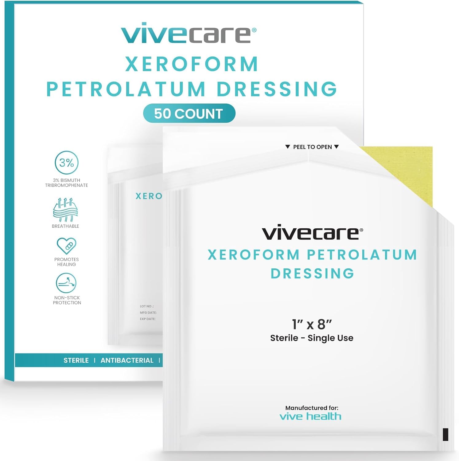 Vive Xeroform Petrolatum Dressing (1" x 8" - 50 Count) - Non-Adherent Wound Gauze Pads - Soft, Fine Mesh Gauze Patch for Wound Care, Burns,