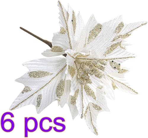 Miniatura 2 de Ewer 6 flores artificiales con purpurina para árbol de Navidad, decoración de árbol de nochebuena roja, flores de seda para boda, hogar, árbol de