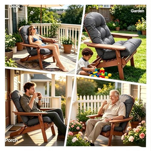 Image of QILLOWAY Outdoor High Back Chair Cushion for Adirondack, All Weather Rocking Chair Cushions Thick Padded Replacement for Patio Furniture Set of 2,Charcoal Grey, Black