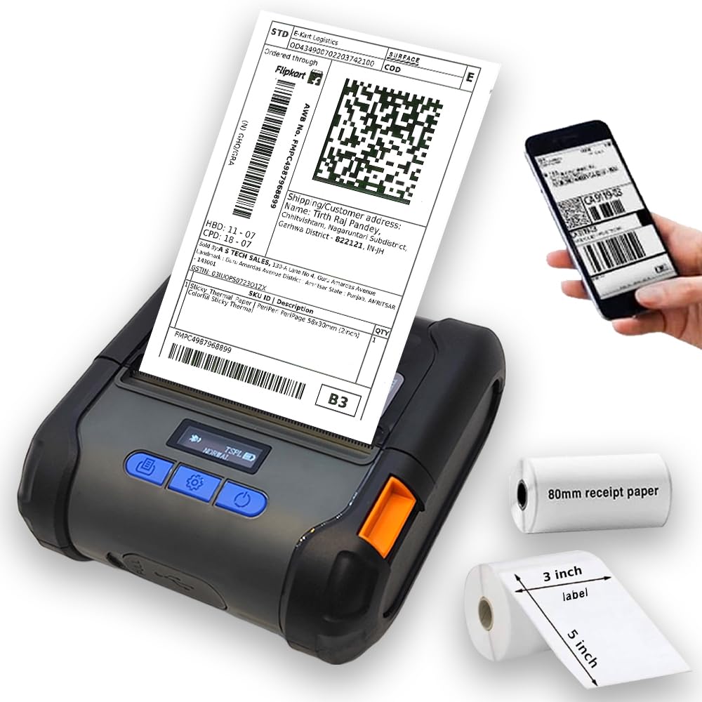 PeriPeri 3Inch Heavy Duty BT Receipt + Label Thermal Printer, Inkless Bluetooth Portable Printer for Print Labels Receipt Bill Compatible with iOS, Android & Windows PC (3inch Heavy Duty)