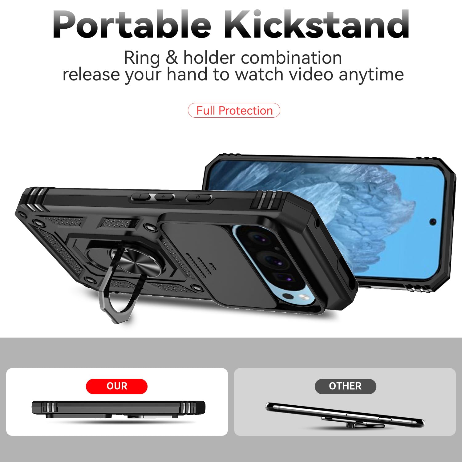 Coque pour Google Pixel 7 Pro Anneau Full Protection Caméra Coulissante, Silicone Militaire TPU Anti-Rayures Antichoc-Noir - Téléphonie
